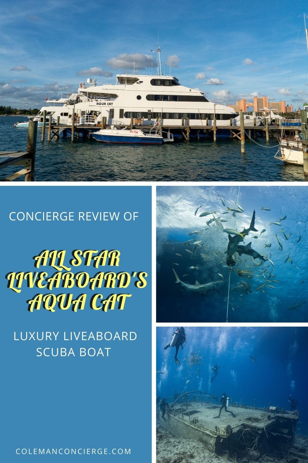 Image od Aqua Cat dive boat and 2 images of scuba diving in the Bahamas