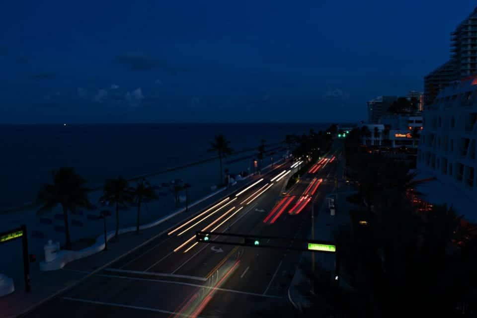 Bright lights on the A1-A highway right next to the beach in Fort Lauderdale