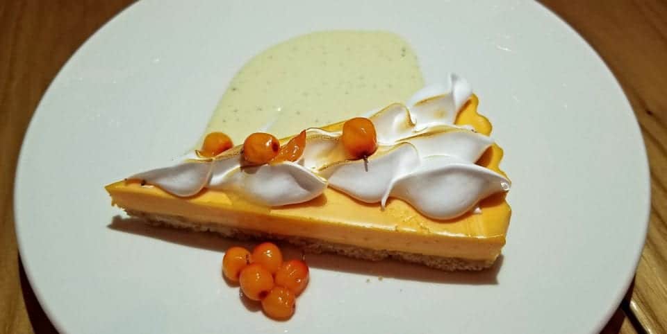 Sea buckthorn and meringue pie at Chez Boulay. A sweet finish to you Quebec City Getaway.