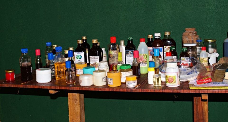 Table of Lotions and Potions for sale at the Herb Garden in Sri Lanka