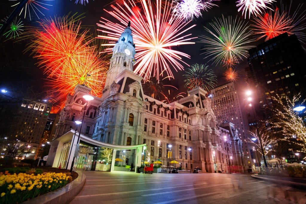 City hall in Philadelphia, PA, USA and fireworks