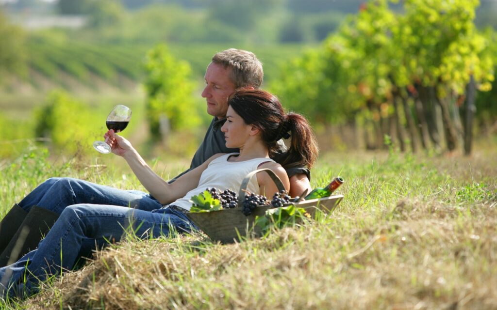 Couple tasting wine at a vineyard