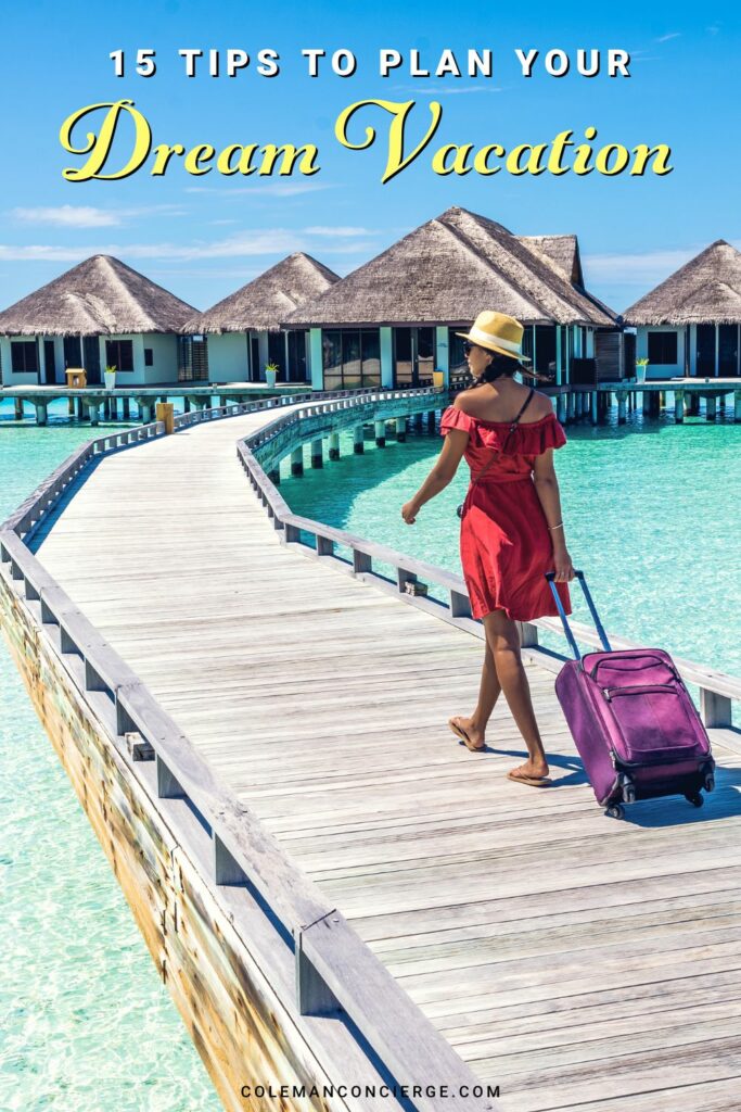 Woman walking with suitcase to overwater bungalow