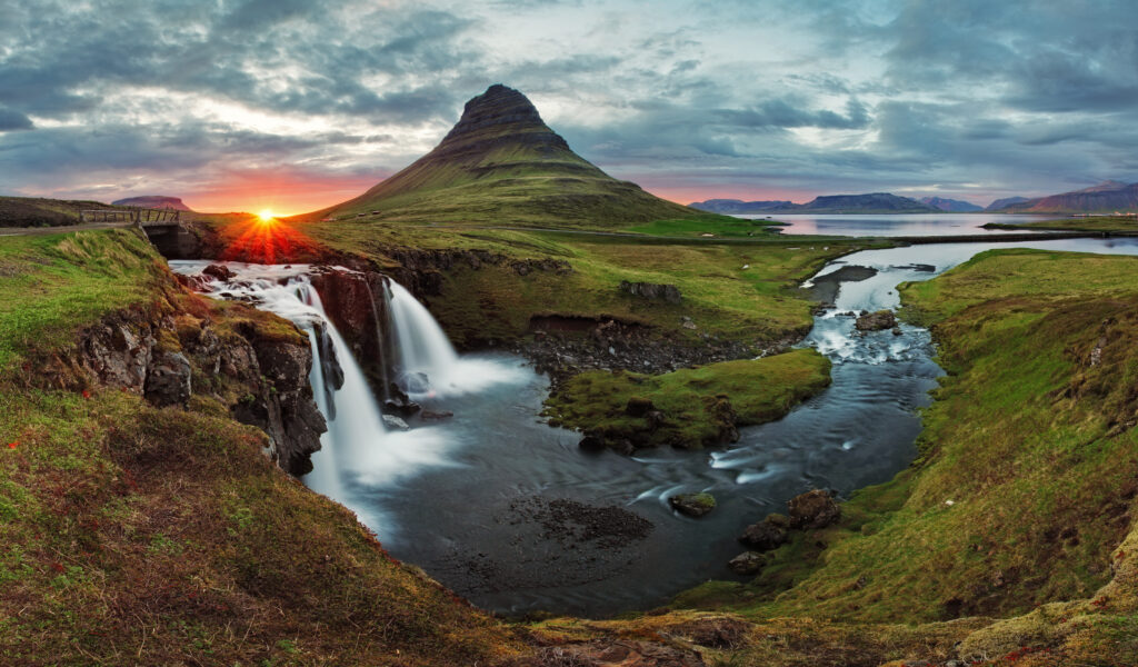 Iceland Landscape spring panorama at sunset - kirkjufell