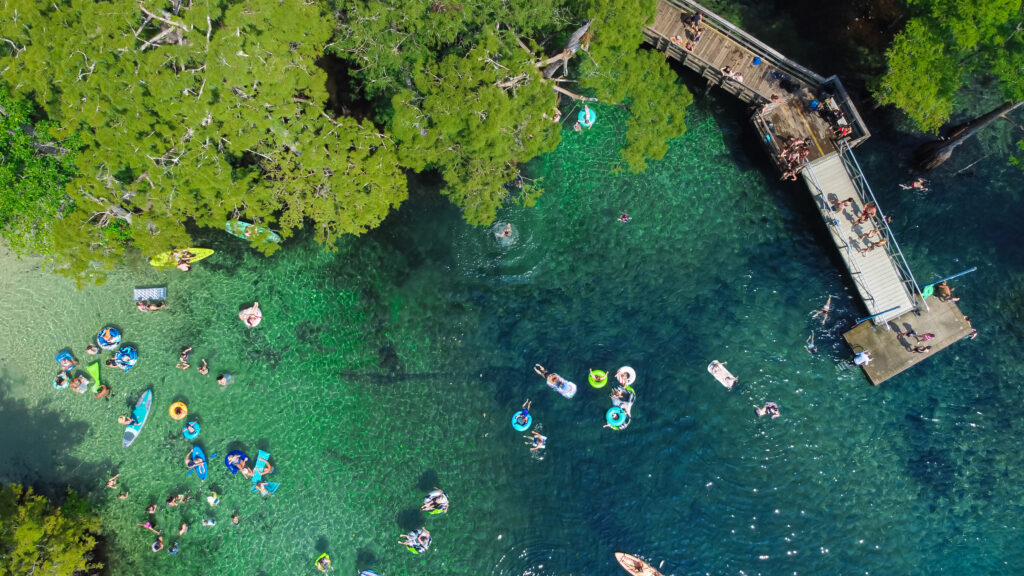 Crowded of people enjoy floating, swimming, kayaking, jumping off deck, scuba in turquoise blue water of Morrison Springs County Park, Walton County, Florida, USA. Aerial view lush bald cypress tree