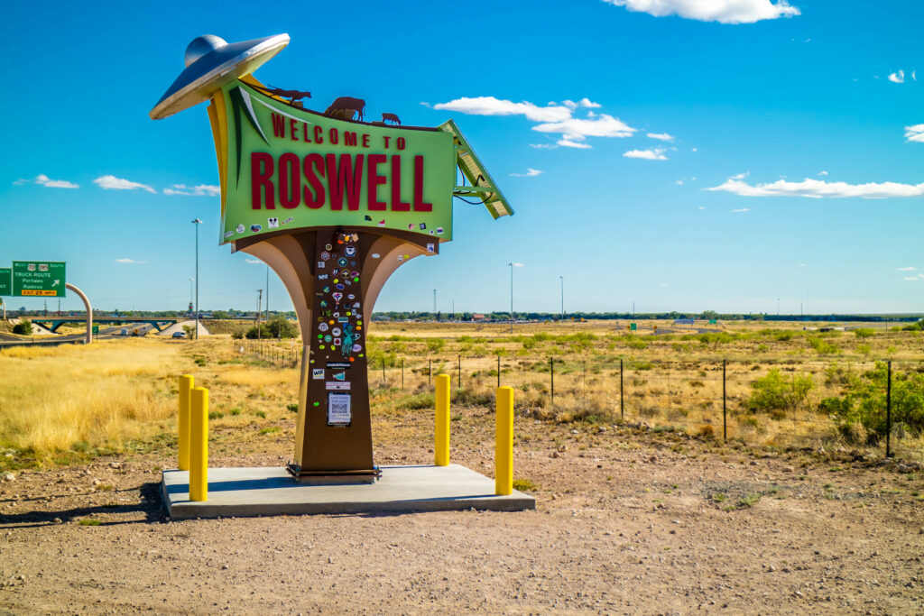 Roswell, NM, USA - April 21, 2018: A welcoming signboard at the entry point of the town