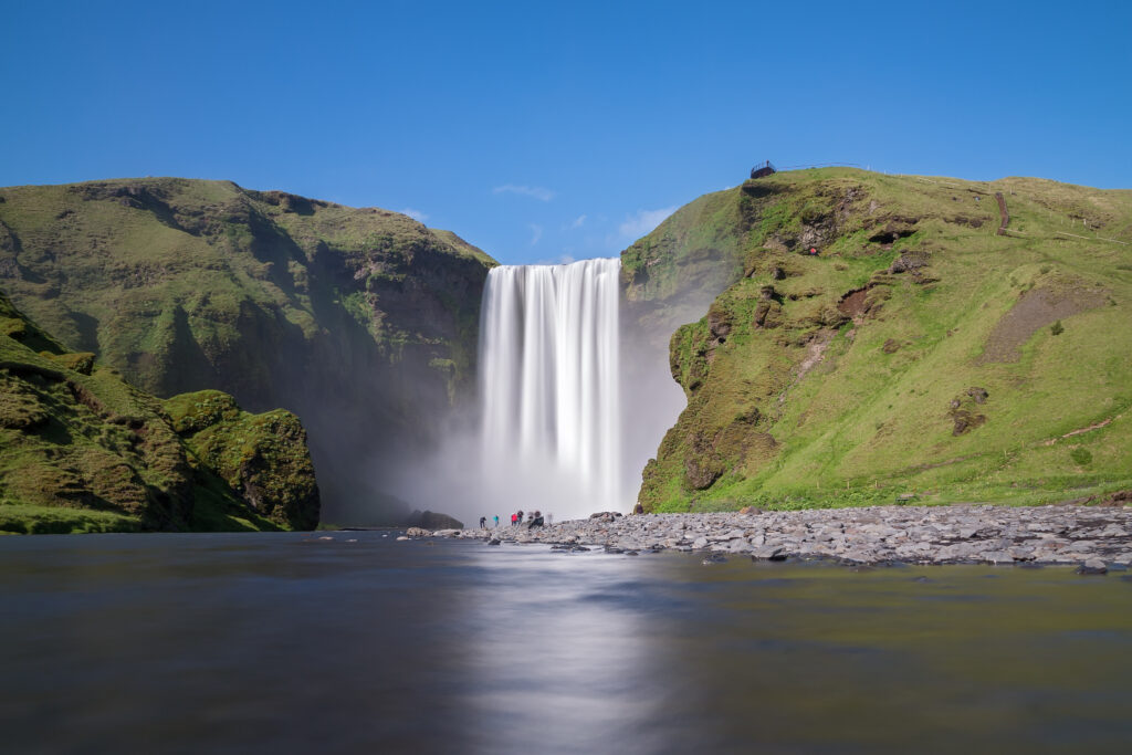 Long exposure of skogafoss waterfall on the South of Iceland near the town Skogar