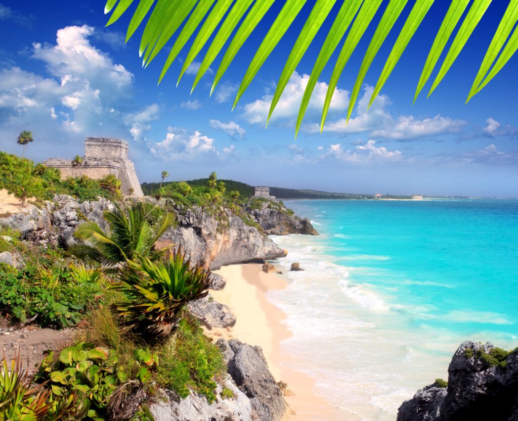 ancient Mayan ruins Tulum Caribbean turquoise sea direct high view