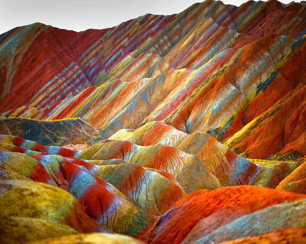 View of colourful rock formations at the Zhangye Danxia Landform Geological Park in Gansu Province,