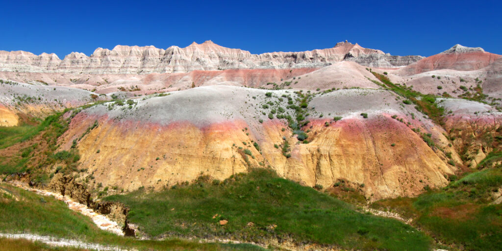 Dried and parched ground of Badlands National Park in South Dakota.