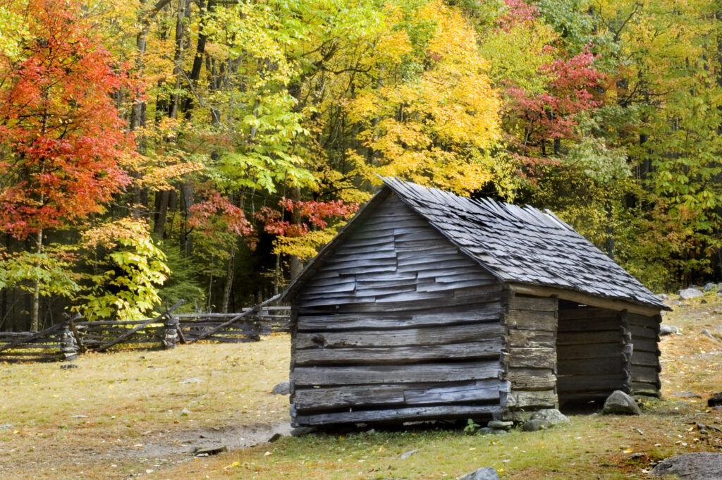 Pioneer era log cabin on ogle farm, located in the Great Smoky Mountains National Park