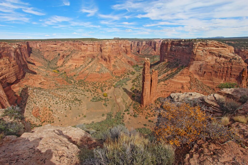 The red sandstone spire of Spider Rock at Canyon de Chelly National Monument in the Navajo Nation near Chinle, Arizona