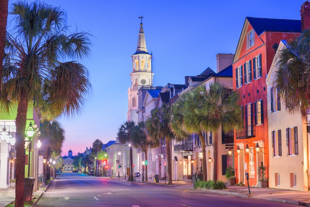 Charleston, South Carolina, USA in the French Quarter at twilight.