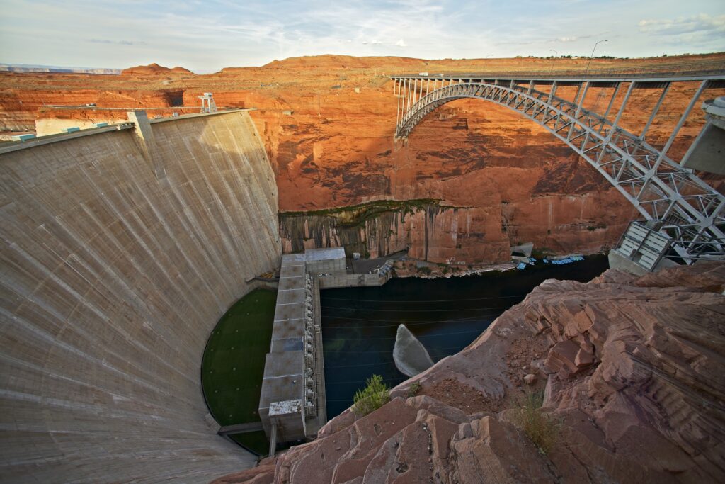 Glen Canyon Dam and Bridge in Page, Arizona, United States.  Arch Dam on the Colorado River.
