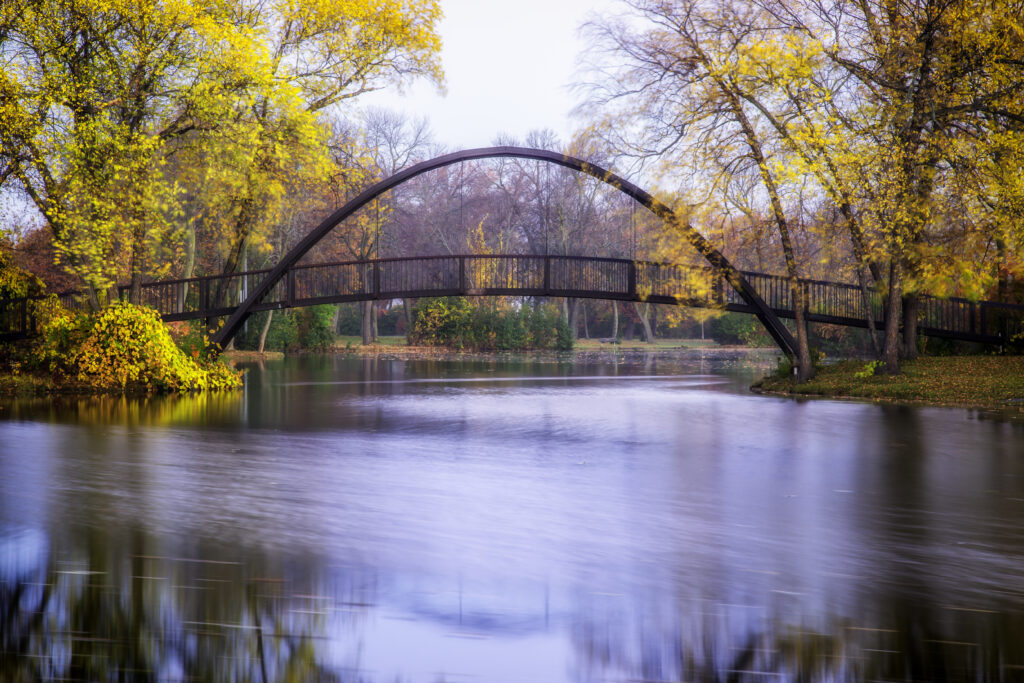 Tenney Park bridge on a fall morning