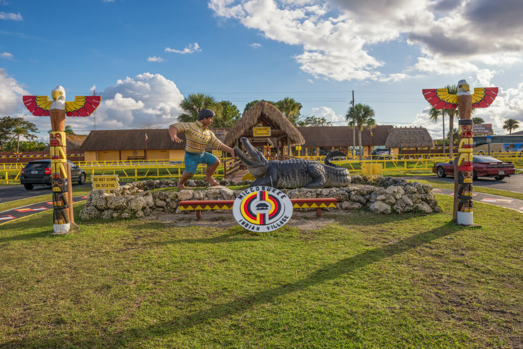 MIAMI, FLORIDA - JANUARY 13, 2015 : Entry to the Miccosukee Indian Village. The Miccosukee Tribe is a federally recognized Indian Tribe residing in the Florida Everglades west of Miami.