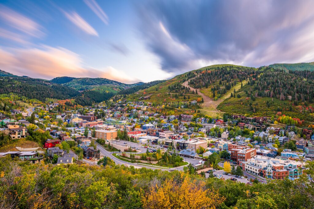 Park City, Utah, USA downtown in autumn at dusk.