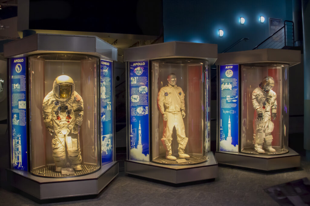 HOUSTON, UNITED STATES - Jun 06, 2015: Astronauts with space suits, NASA Space Center Houston (Texas)