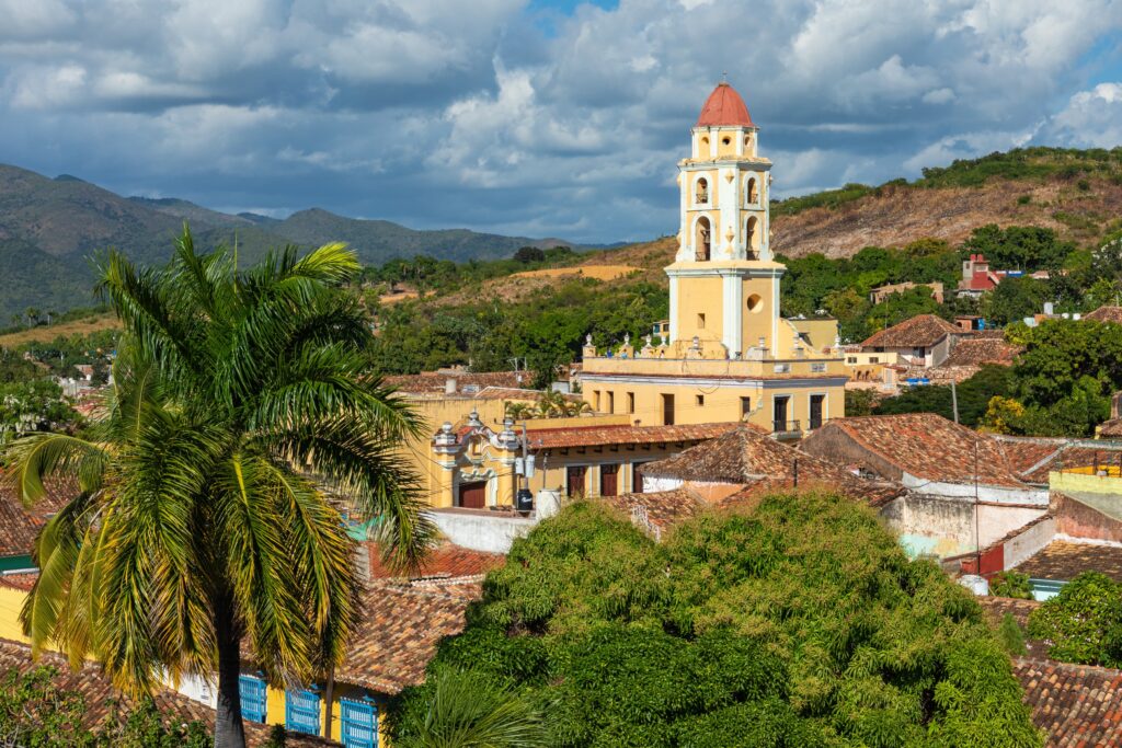 Trinidad, panoramic skyline with mountains and colonial houses. The village is a Unesco World Heritage and major tourist landmark in the Caribbean Island. Cuba.
