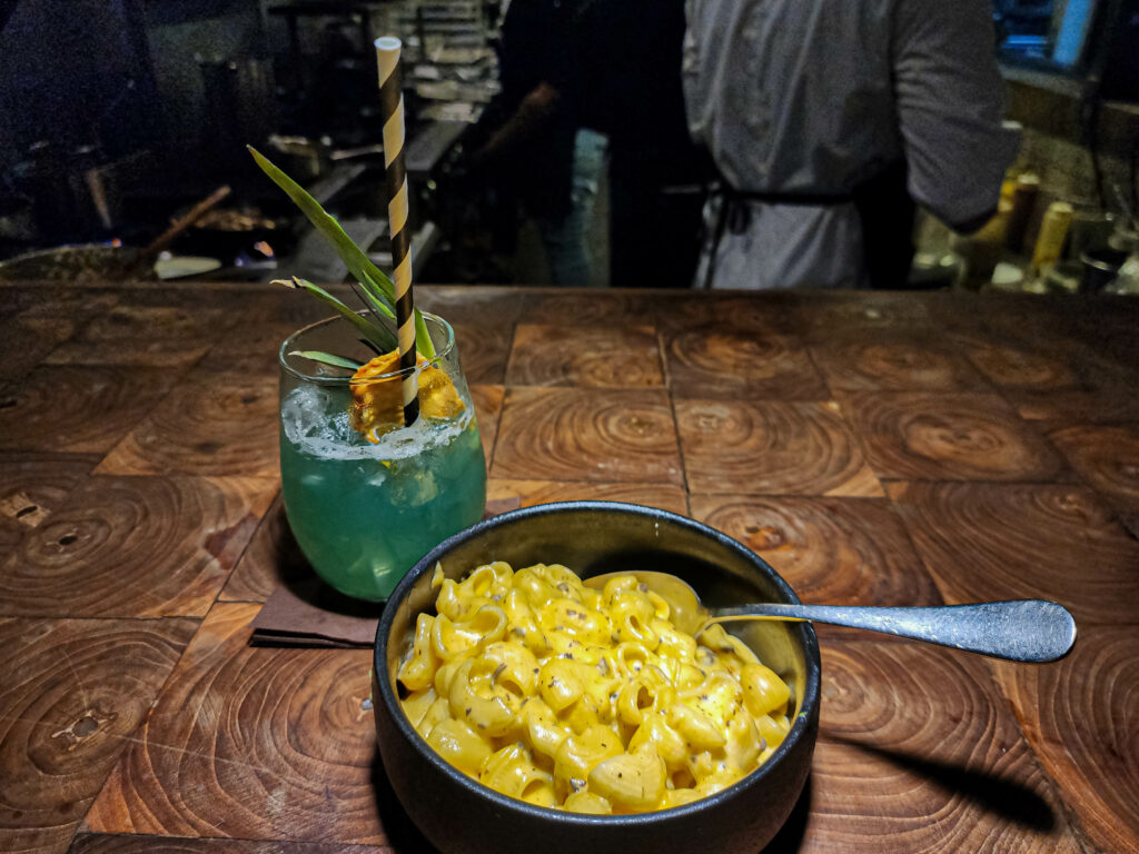 Truffeled Mac and Cheese and Cocktail Kome Curacao