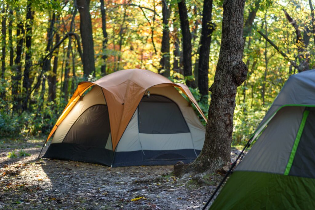 fall camping with two tents on campsite in early morning light