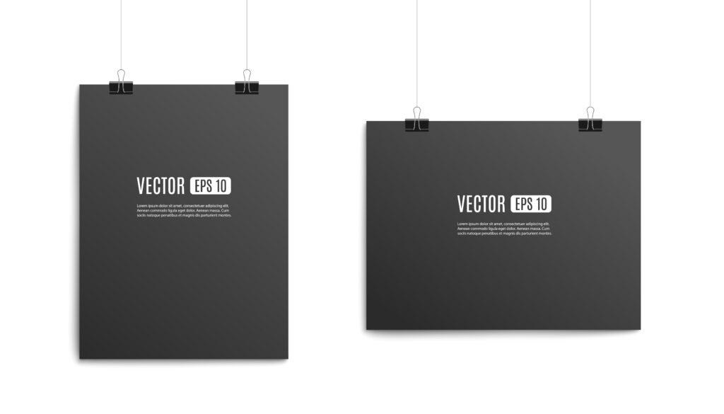 Black hanging paper poster template set in portrait and landscape page orientation mode. Realistic mockup of A4 sheets hanging with metal clips, isolated vector illustration.