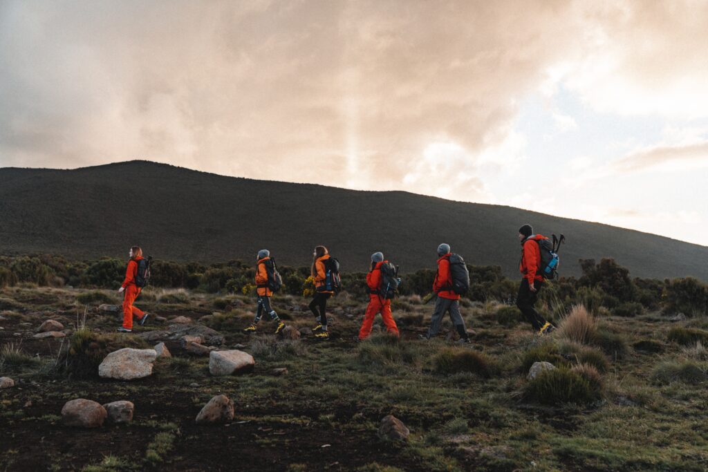Geared up hikers on Mt. Kilimanjaro
