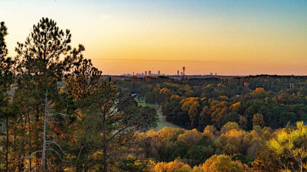 Atlanta skyline at sunset from Panola Mountain