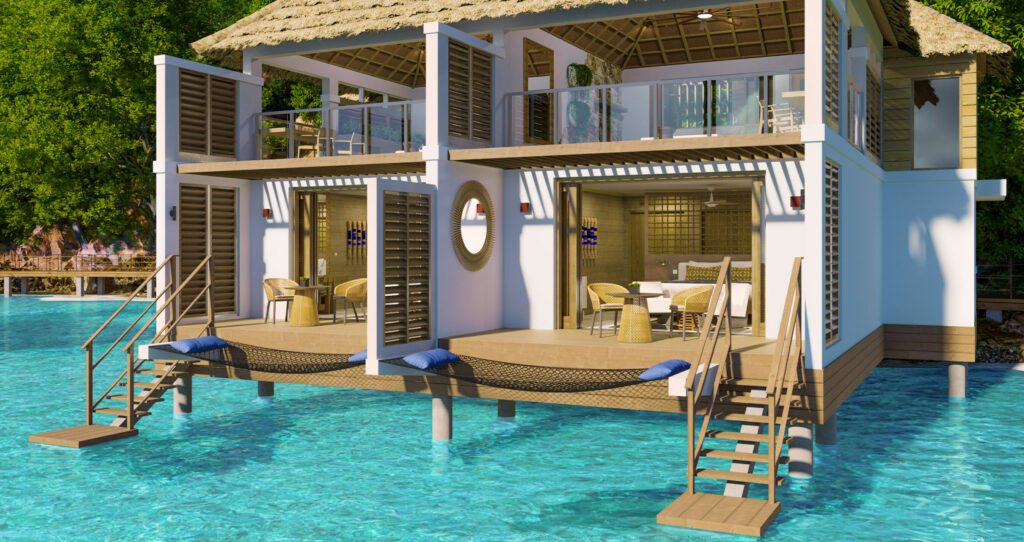 Pictured here, Vincy Overwater Two-Story Villas reimagine Sandals’ iconic overwater villas with a bi-level design that includes an expansive, open-air rooftop area for lounging, day and night.