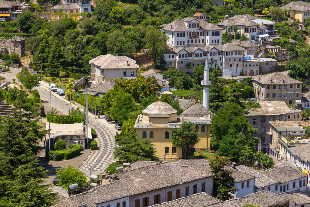 Gjirokaster, Albania- 28 June 2014: View on the old Gjirokaster town, silver roof. World Heritage Site by UNESCO. Called the city of a thousand stairs.