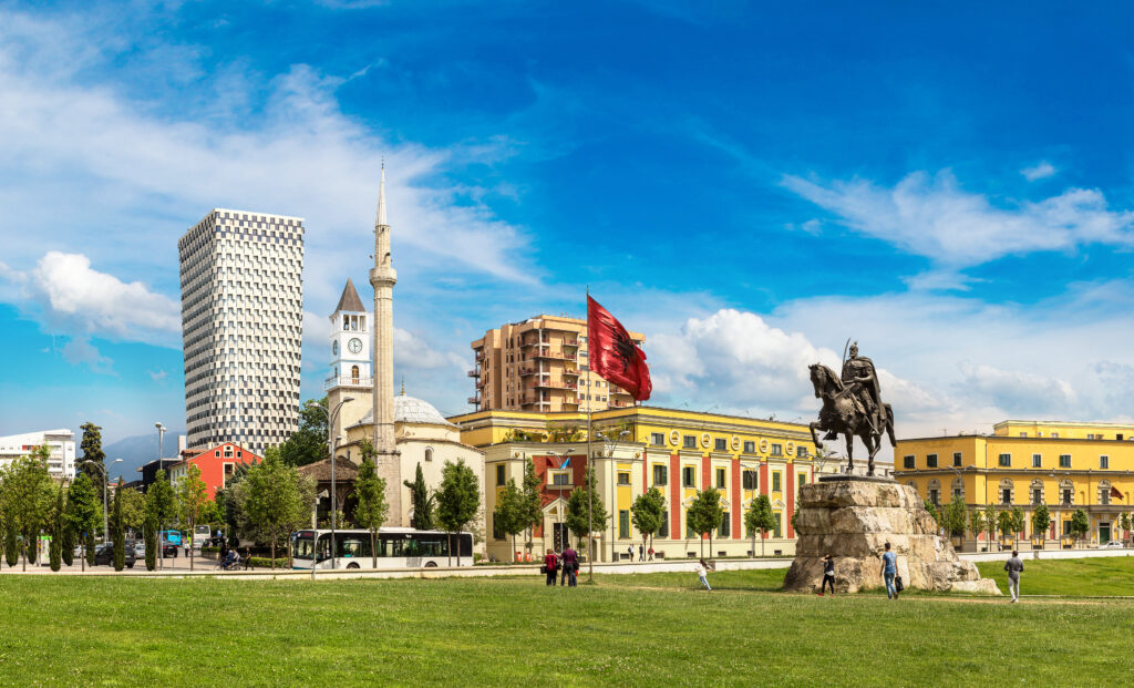 Panorama of Skanderbeg square and Skanderbeg monument in Tirana in a beautiful summer day, Albania