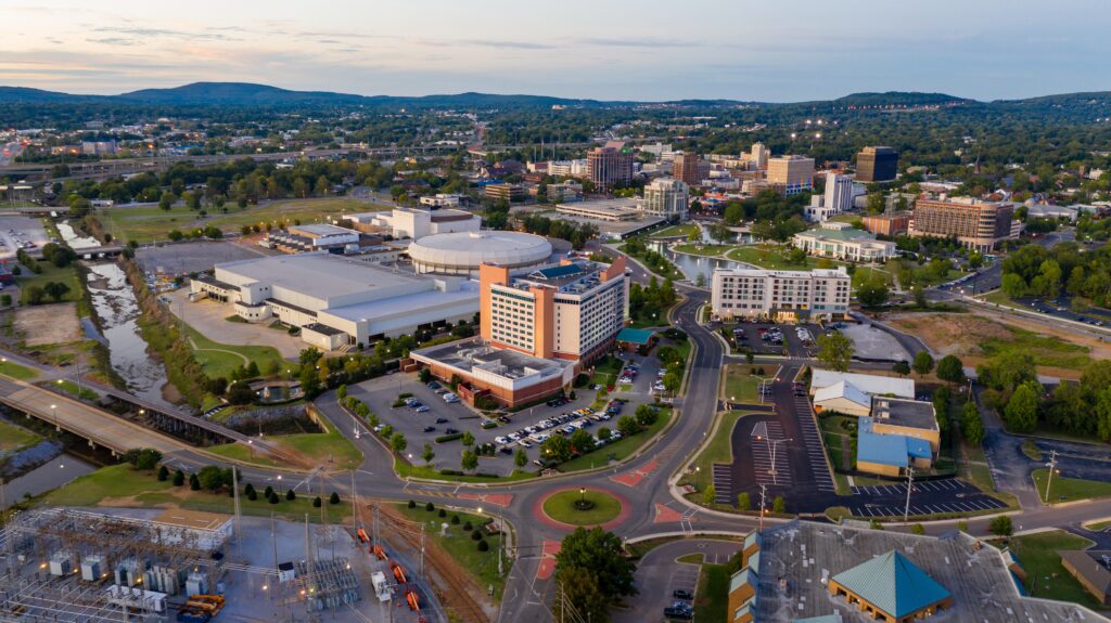 Aerial perspective of the sleepy little big town city center of Huntsville Alabama deep south USA
