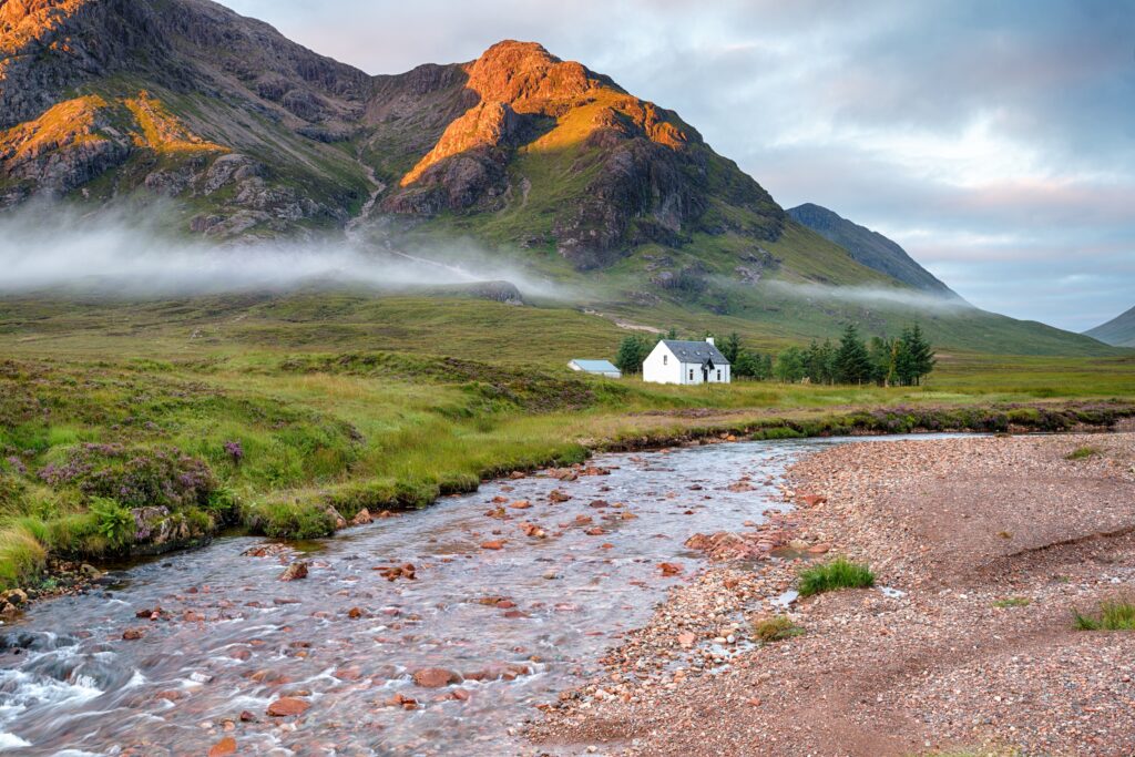 A remote mountain bothy at the foot of Glencoe in the Scottish Highlands