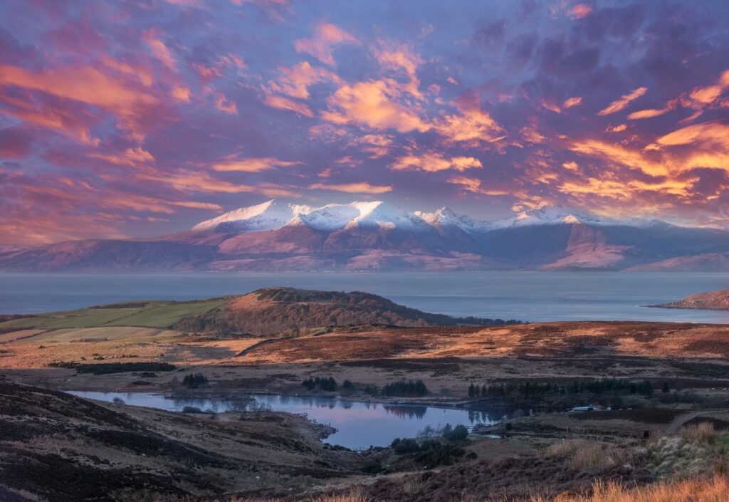 The Isle of Arran at Sunset looking over from Dalry Moor Road at fairlie as the sun was going down.