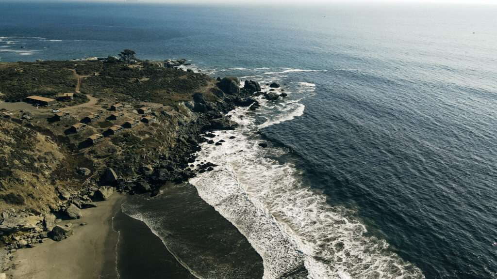 Aerial view of the Stinson Beach area of the Pacific Coastline, Marin County, north San Francisco bay area, California.