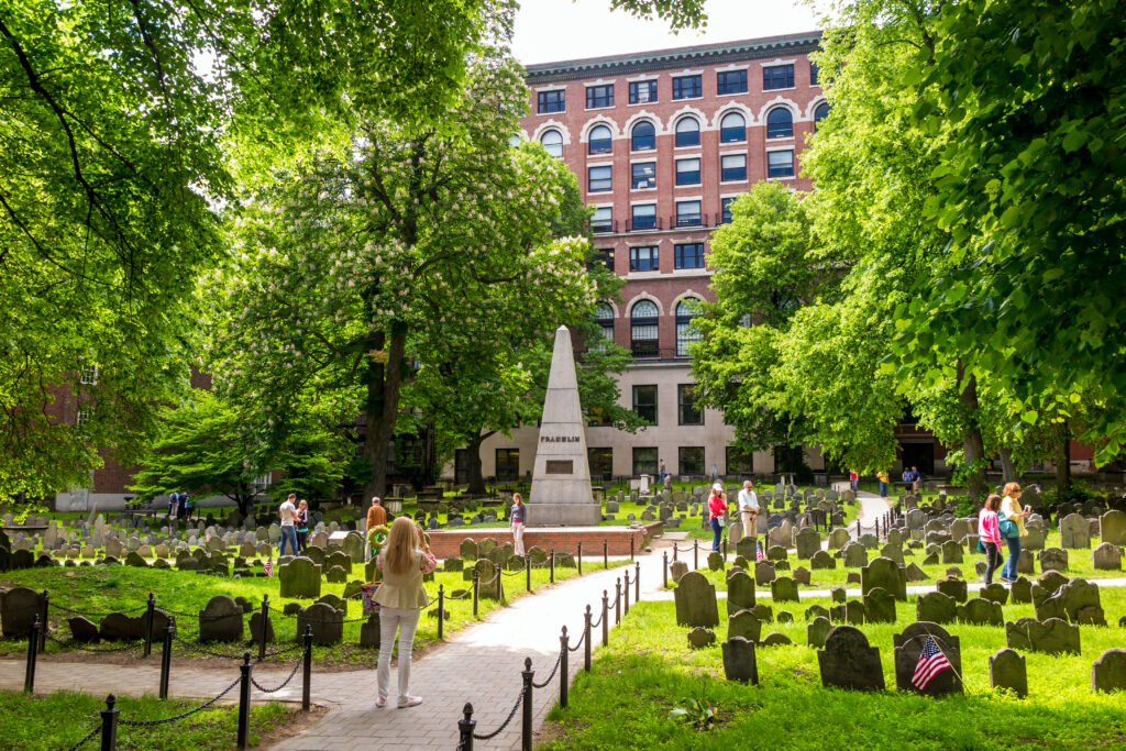BOSTON - MAY 30: Boston's Freedom trail with Granary Burying Ground on May 30, 2014. The Freedom Trail is a 2.5-mile-long red (mostly brick) path through downtown Boston.